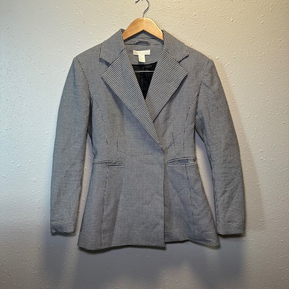 H&M Womens 8 Houndstooth Peplum Blazer Black White Business Work Office Long